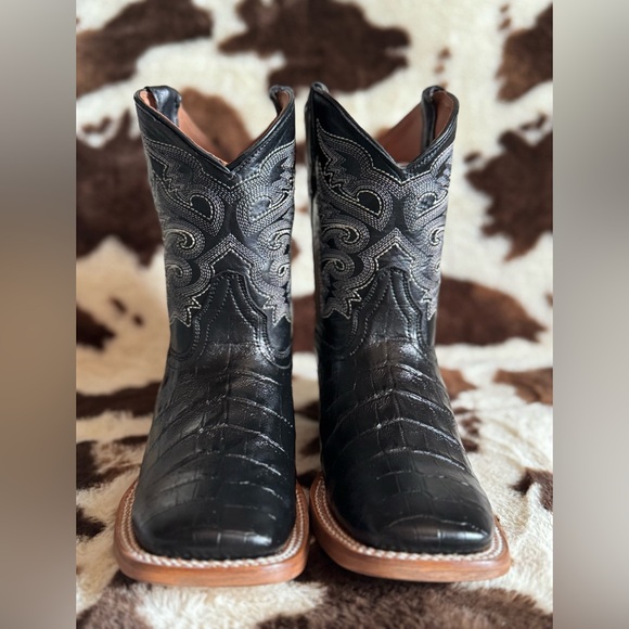 Boys Caiman Belly Print Black Western Cowboy Boots with Embroidered Design